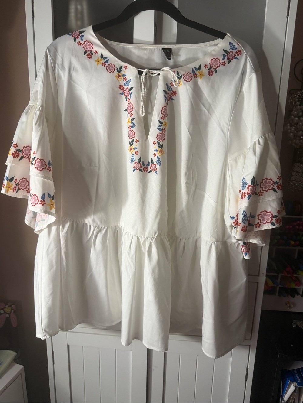 SHEIN White Boho Peasant Top with Multicolor Floral Embroidery